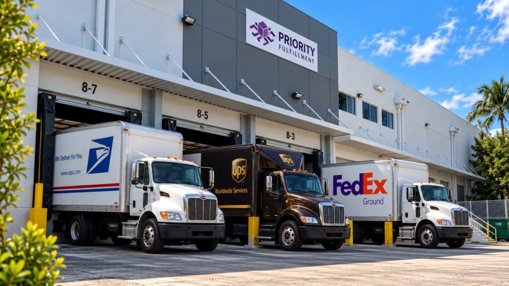 USPS, UPS and FedEx trucks at the Priority Fulfillment loading docks in Medley, FL